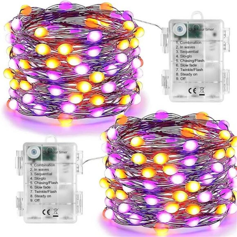 Orange Purple Halloween Fairy Lights, 2-Pack 16.4FT 50LED Battery String Lights